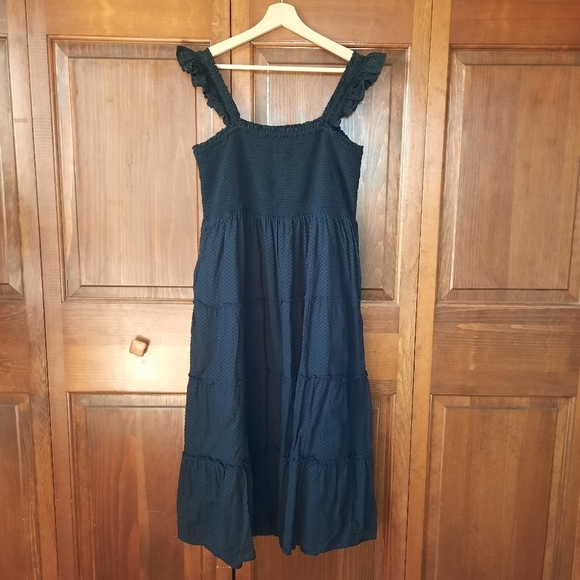 J. Crew Factory Smocked Tiered Midi Dress Black Swiss Dot BF861 Size Large - Picture 12 of 13